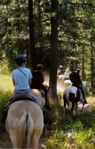 Riders winding through the woods on the trail to Coon Lake